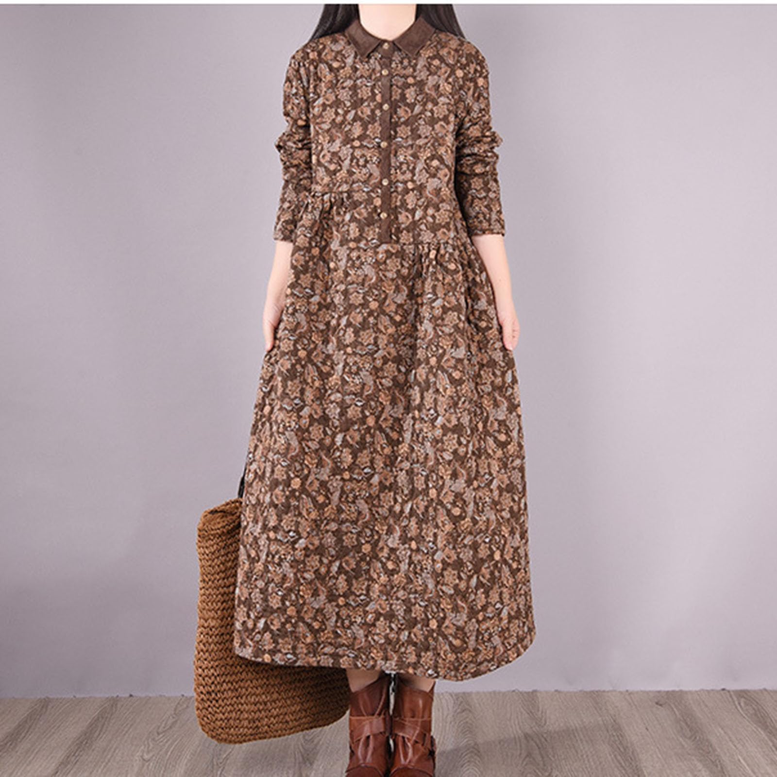 HAOLEI Abito da Donna con Stampa Floreale in Lino A-Line Mini Abito Lungo Contadino Maniche Lungo Floreale Vacanza Festa Copricostume Mare per la Primavera e L'Estate Confortevole e Traspirante