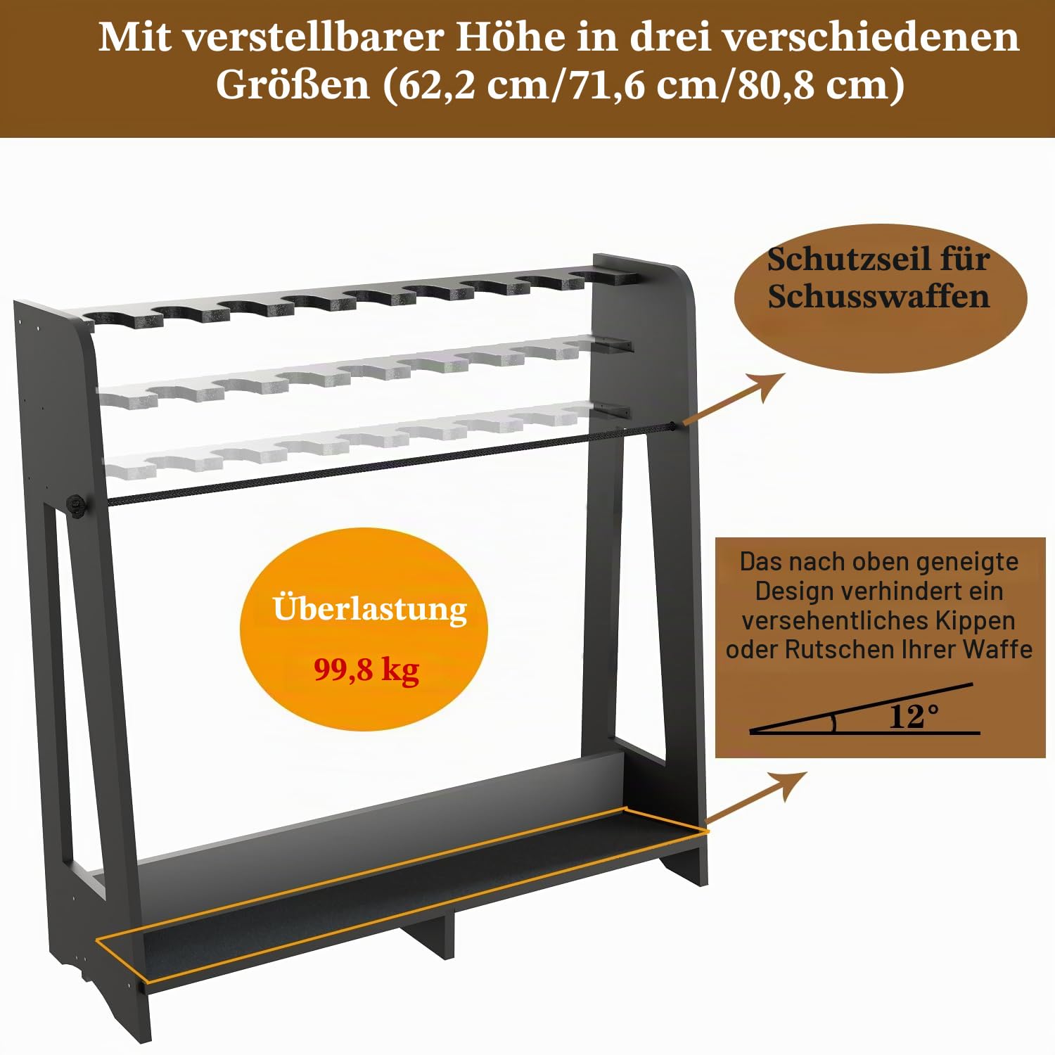 Waffenständer für den Innenbereich – freistehender Boden aus Holz, Gewehrständer, vertikale Schrotflintenaufbewahrung und Präsentationsständer mit Schutzseil, verstellbare Höhe für bis zu 9