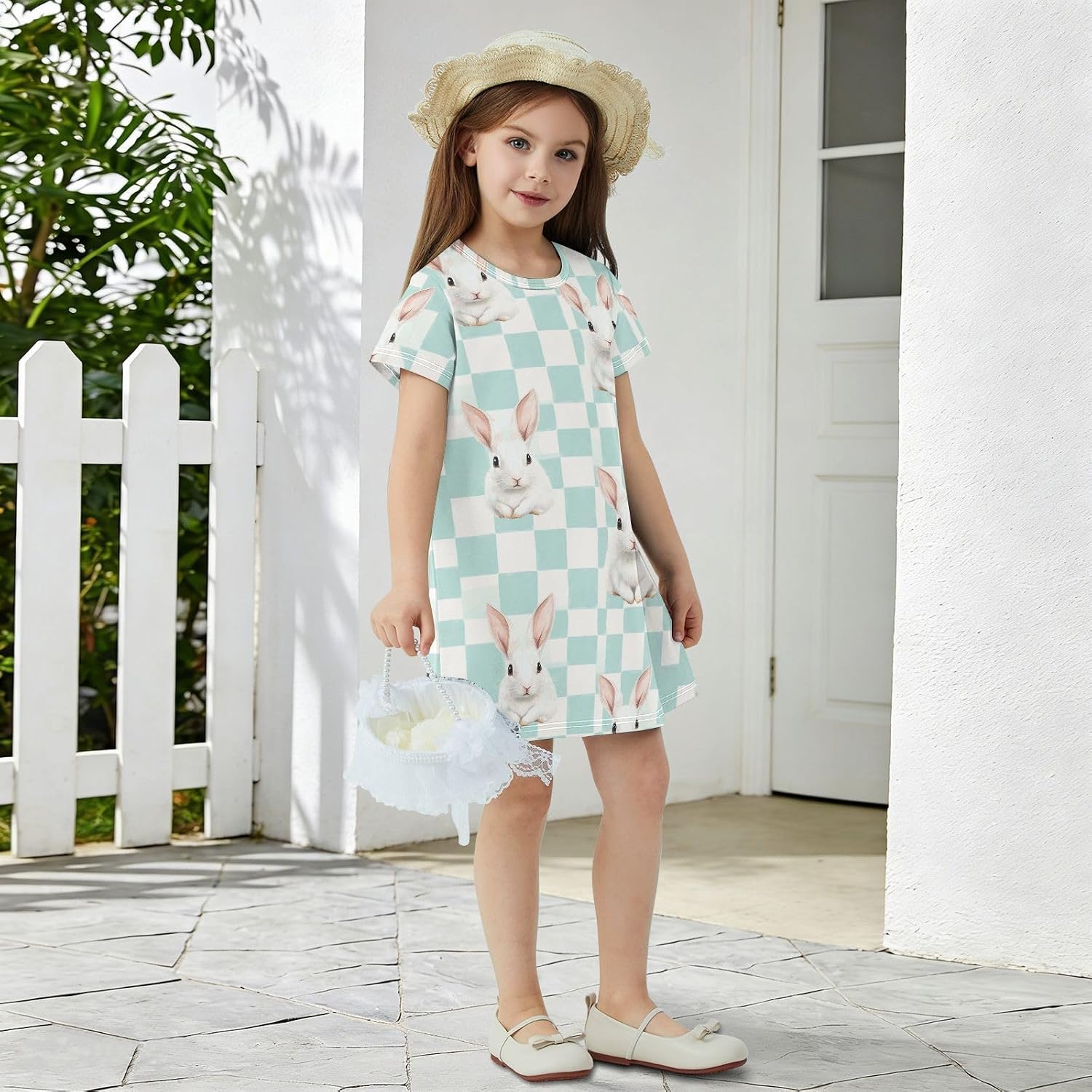 White Rabbit Girls Dresses Summer Dresses for Girls with Cotton Short Sleeves for Casual a Line Dress Size 2-8Y