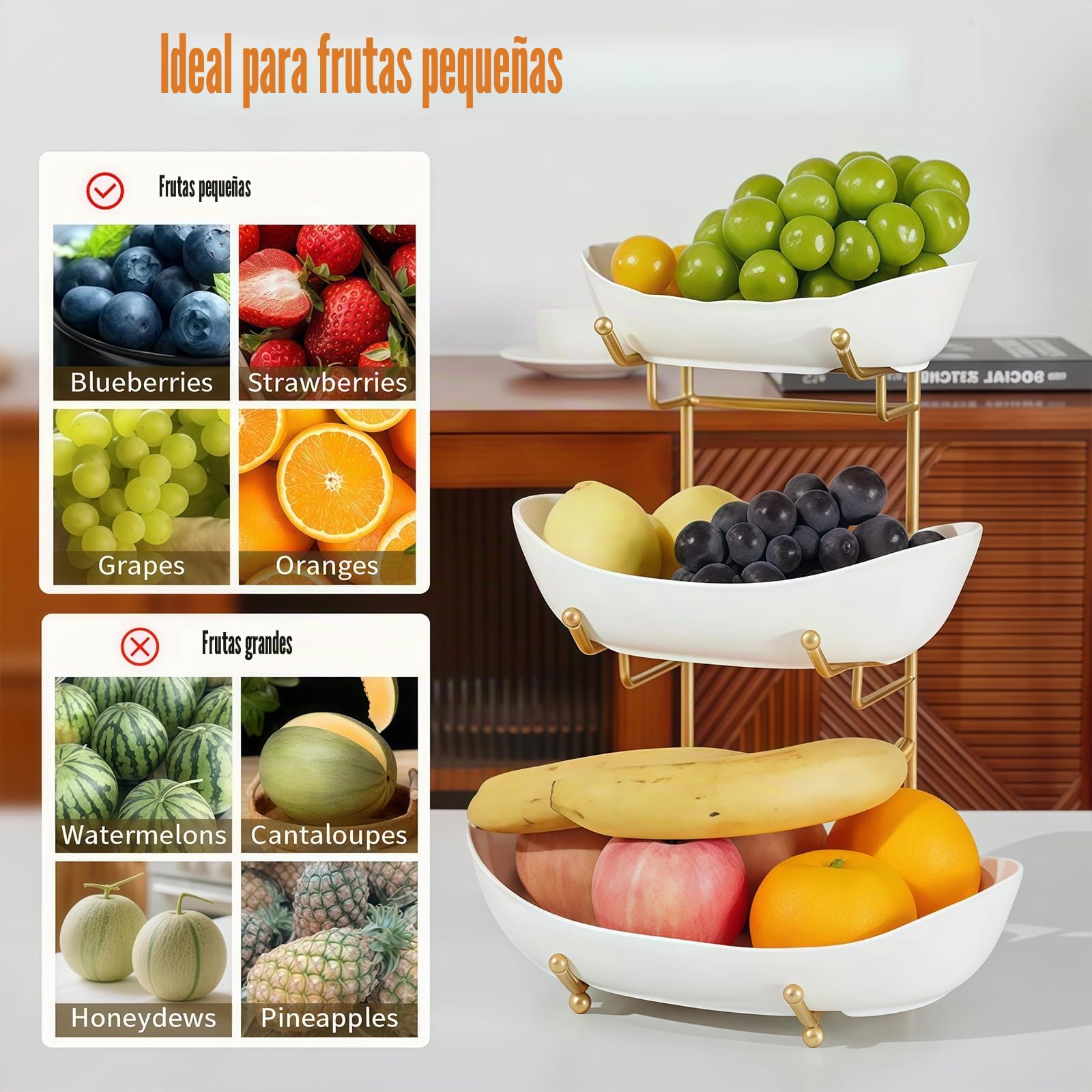 Frutero de cerámica para encimera de cocina, cesta de frutas de 3 niveles con soporte de metal, soporte de frutas escalonado para encimera, aperitivos, nueces, pasteles, postres, lindo (dorado