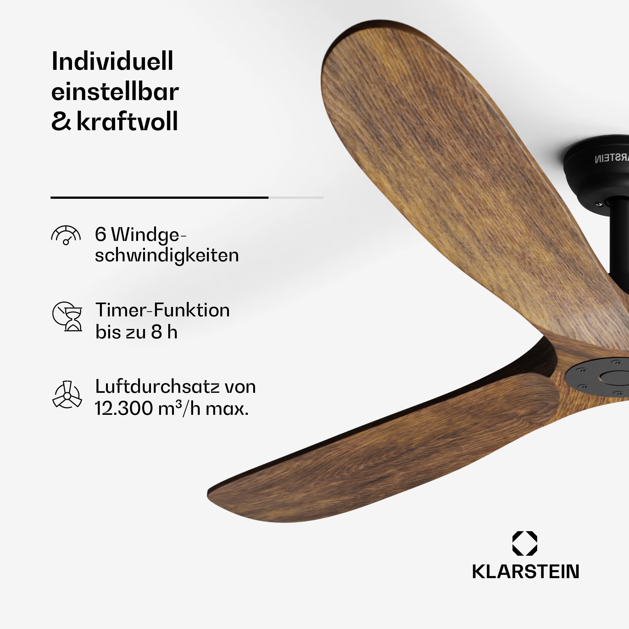 Klarstein Deckenventilator Leise mit Fernbedienung – 178 cm Walnuss, Smart Steuerung per App & Sprachbefehle, 6 Geschwindigkeiten, Sommer-/Winterbetrieb, Flüsterleise für Schlafzimmer, Energiesparend
