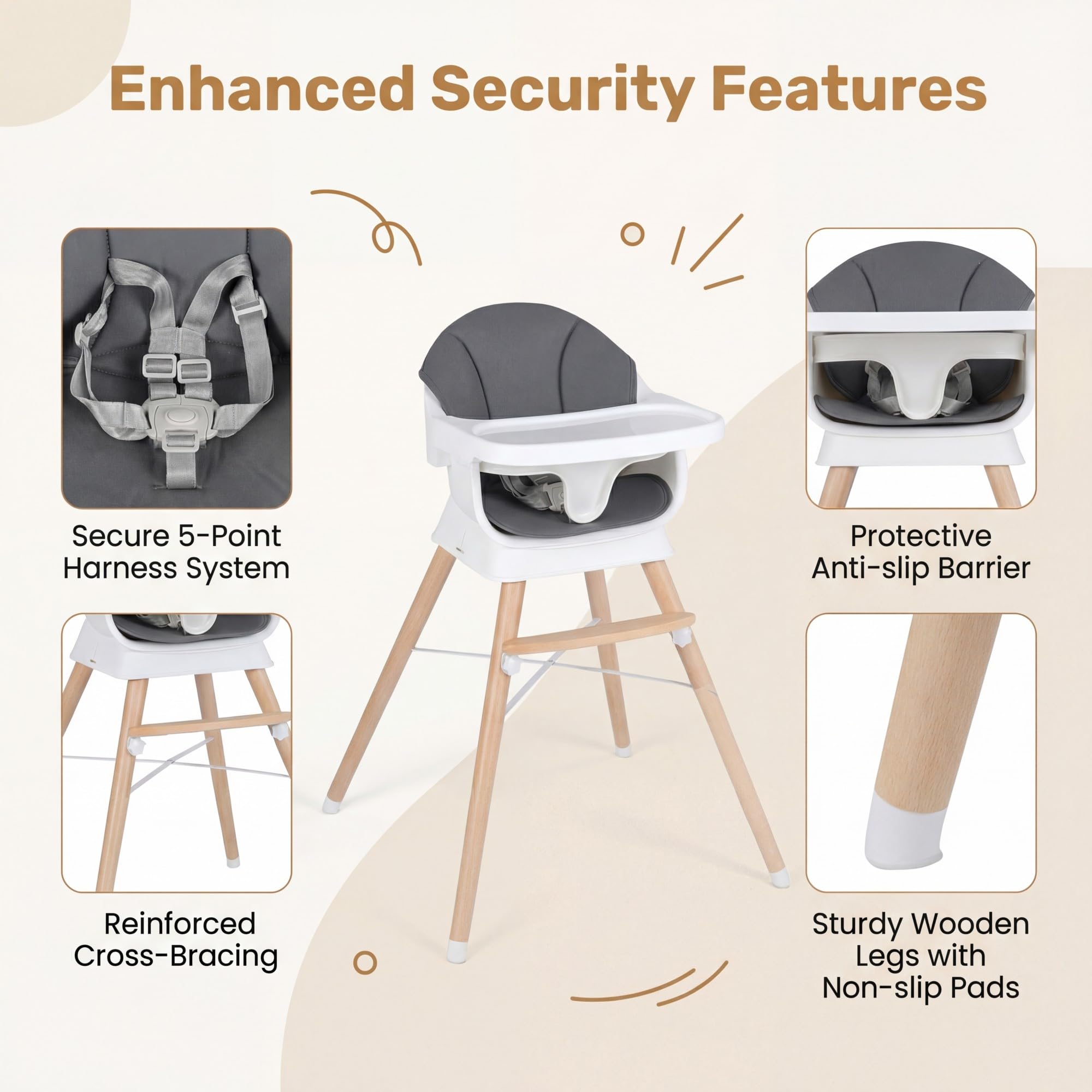 LIFEZEAL Trona para Bebés y Niños Pequeños, Trona Infantil Multifuncional de Madera Maciza, con Reposapiés y Bandeja Ajustables, Equipada con Cinturón de Seguridad, Apta para Bebés de 6 a 36 Meses