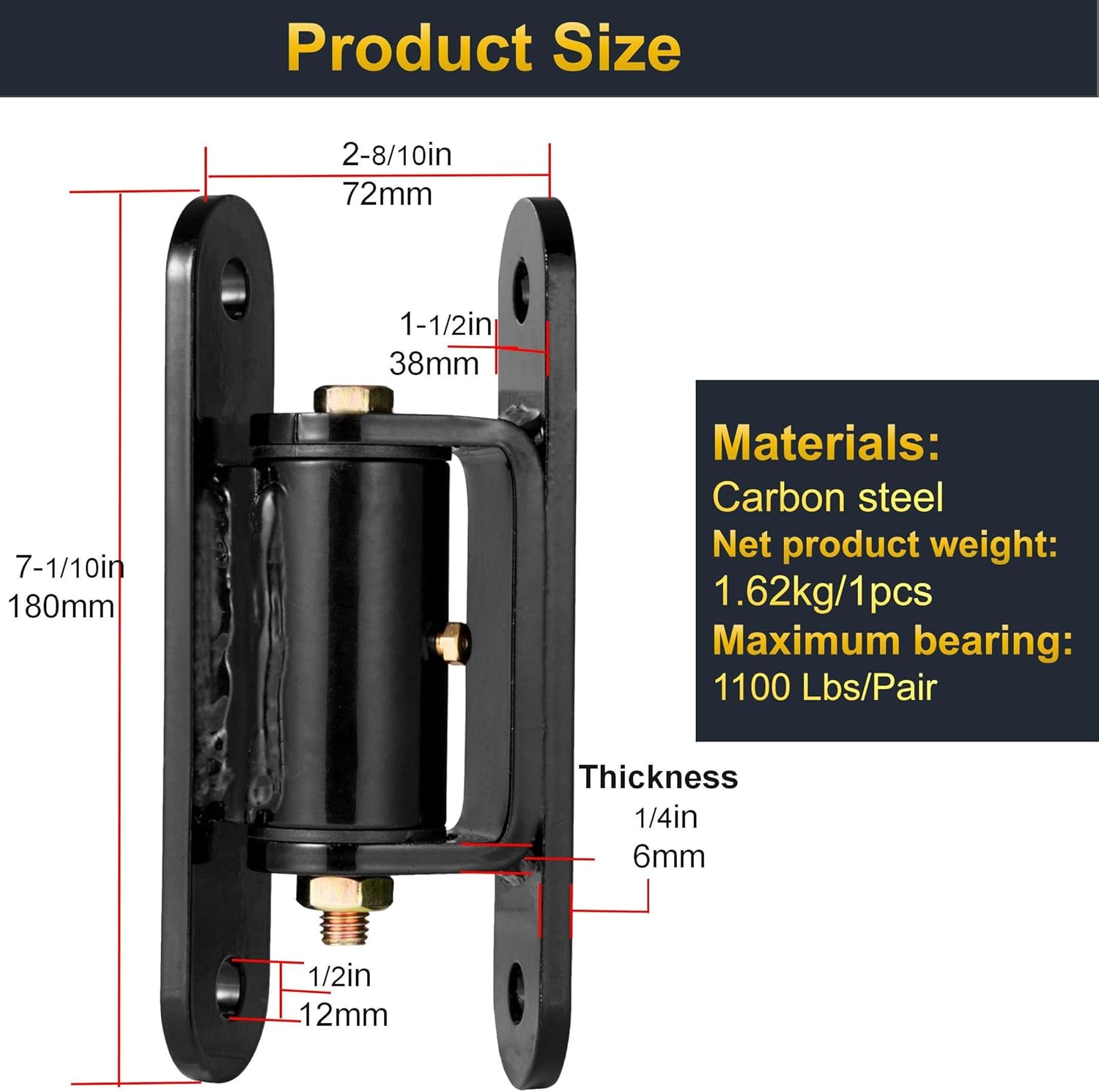 Heavy Duty gate Hinges for Large Wood Gates and Metal Gates,7in Hinges can be Bolted or Welded on Heavy Duty Gates,Maximum Load 1100lbs,Built-in Roller Bearing Shaft Opened 90°Inward or Outward,2pack