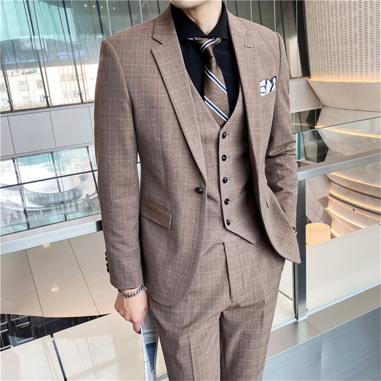 Men's Plaid 3 Pieces Tuxedo Suit Checked Slim Fit One Button Blazer Set Striped Formal Jacket Vest & Pants (Brown,4X-Large)
