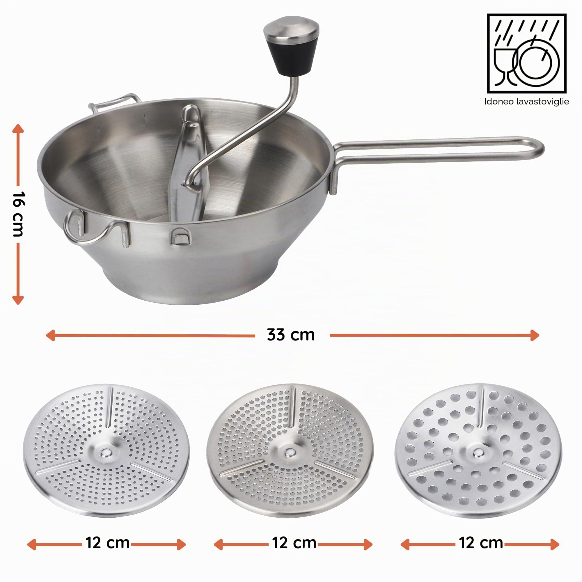 Wenburg Facile da usare Passaverdure Manuale Acciaio Inox - Versatile Passatutto Acciaio Inox con 3 Setaccio - Lavabile in Lavastoviglie - Passaverdura per Filtrare Frutta e Verdura (19,5 cm)