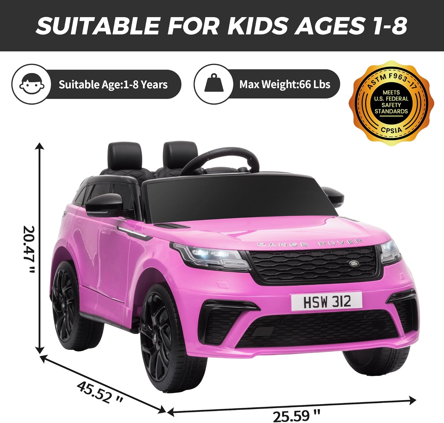 Licensed Land Rover Velar Kids Electric Ride On Car by TOBBI, Toddler 12V Battery Powered 4 Wheeler Driving Vehicle Toy with Remote Control/Safety Belt/Horn & LED Lights for Children Under 8-Pink
