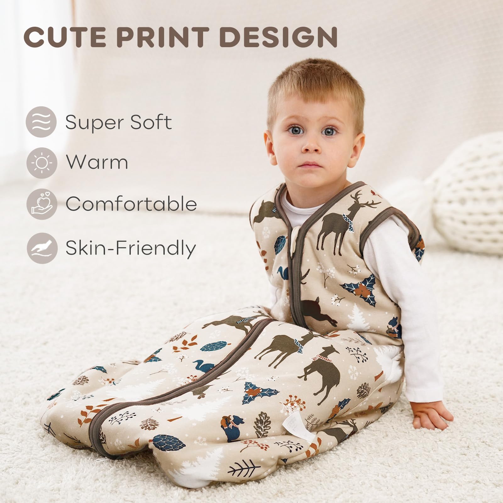 Looxii Baby Sleeping Bag 2.5 Tog 12-18 Months Winter Baby Sleep Sack 100% Cotton Soft Warm Wearable Blanket for Newborn Infant Toddler Brown Elk - Image 3
