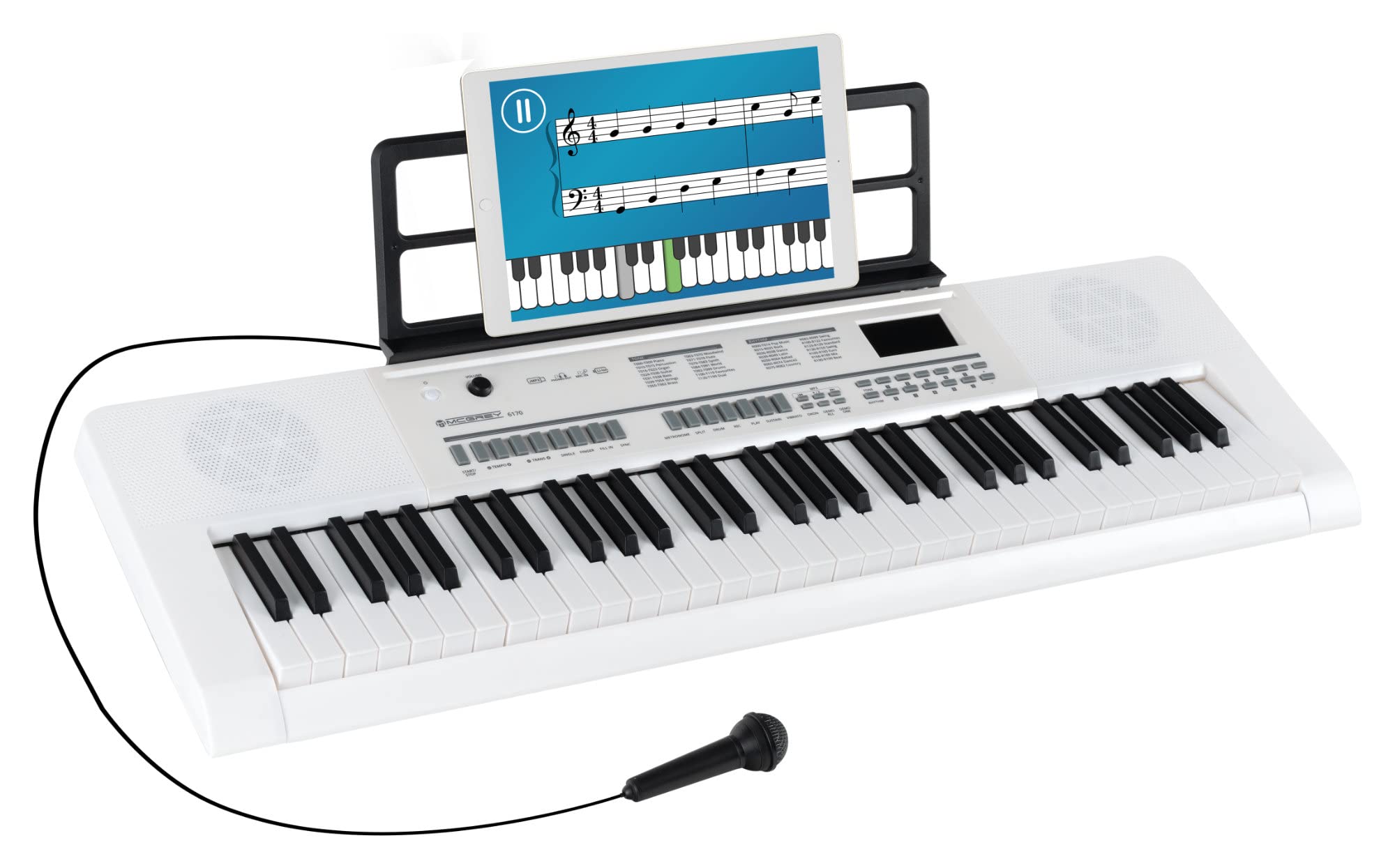 McGrey 6170 Akku-Keyboard Weiß Safety Fix Set, LC-Display, 200 Sounds | Einsteiger-Keyboard mit 61 Tasten in Standard-Größe, Integrierter Li Ion-Akku mit 1200 mAh, 200 Rhythmen, 70 Demo Songs, 5 cm