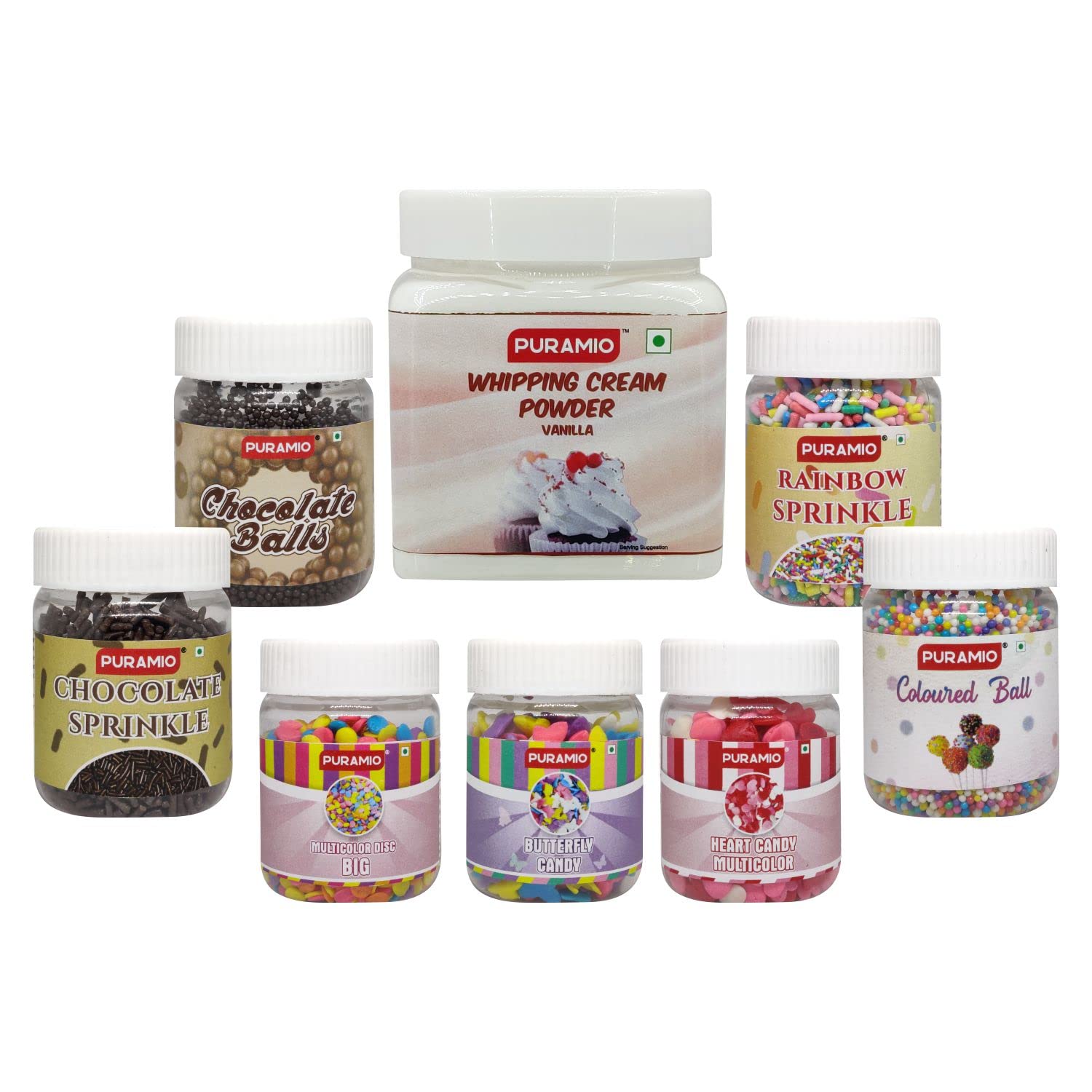 Puramio Cake Decoration/Topping Combo Pack of 8- Whipping Cream Vanilla 250g, Rainbow, Chocolate Sprinkle, Coloured Balls, Coloured Disc, Coloured Butterfly, Coloured Heart & Chocolate Balls- 25g Each (B09SV51Y4K) Amazon Price History, Amazon Price Tracker