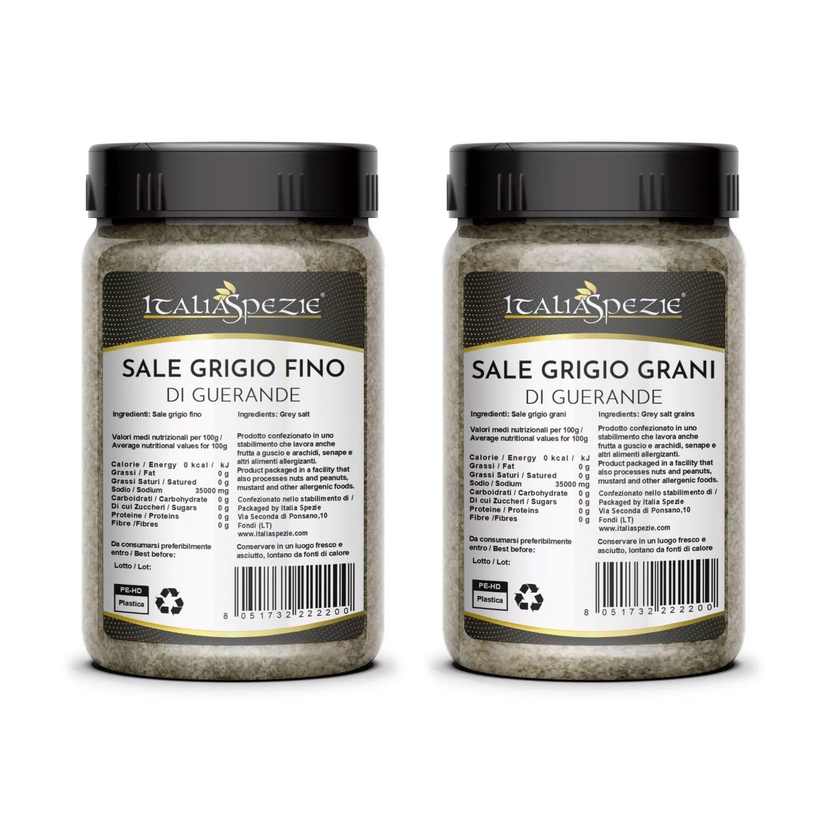 Sale Celtico Grigio Di Guérande, Pacchetto convenienza da 2 Barattoli (1,25 Kg) di sale grigio di Guerande fino e grani, Sale Celtico o Bretone, sale naturale 100% non raffinato, Italia Spezie