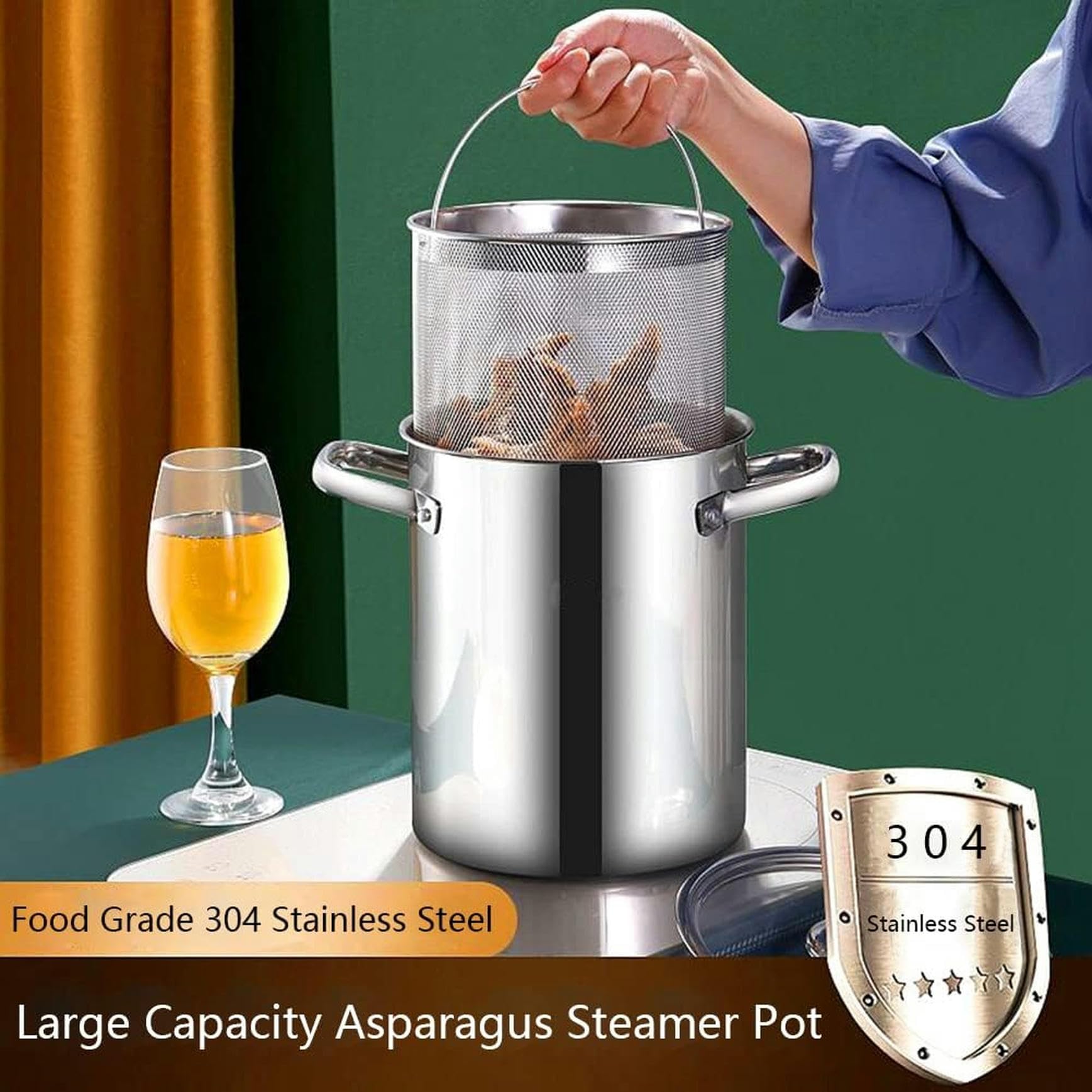 4 Liter Spargeltopf, Dünsttopf für Spargel und Gemüse aus Edelstahl 304, Spaghettitopf, Pastatopf, Küche mit Drahtkorb und Glasdeckel, Tiefe Pfanne mit Öl