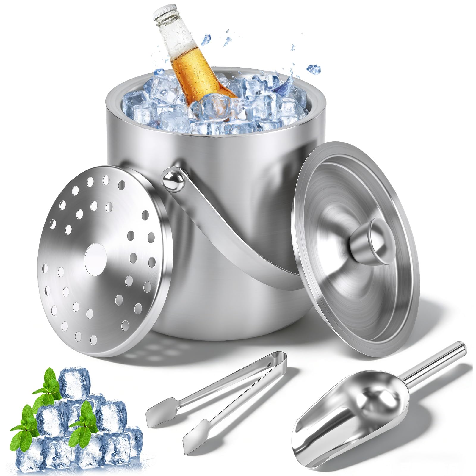 Dreamhigh 2L Eiswürfelbehälter, Edelstahl Eiskübel mit Deckel, Zange, Eisschaufel und Einem Sieb, Hält Getränke 6-8 Std, Eisbehälter für Partys, Riegel, Perfekt zum Abkühlen von Getränken, Bier