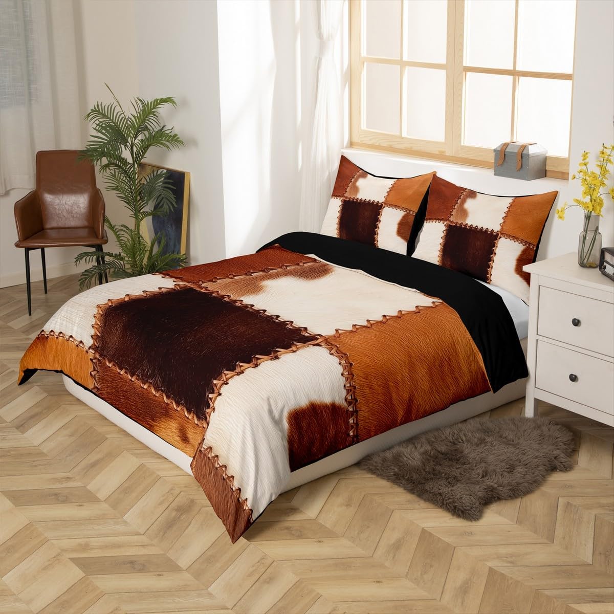 Cowhide Bedding Sets Patchwork Cow Print Comforter Cover (No Filling)Farm Animal Duvet Cover Set For Kids Boys Girls Western Cowboy Farmhouse Bedspreads Cover 2 Pillow Cases Bedroom Decor King Size