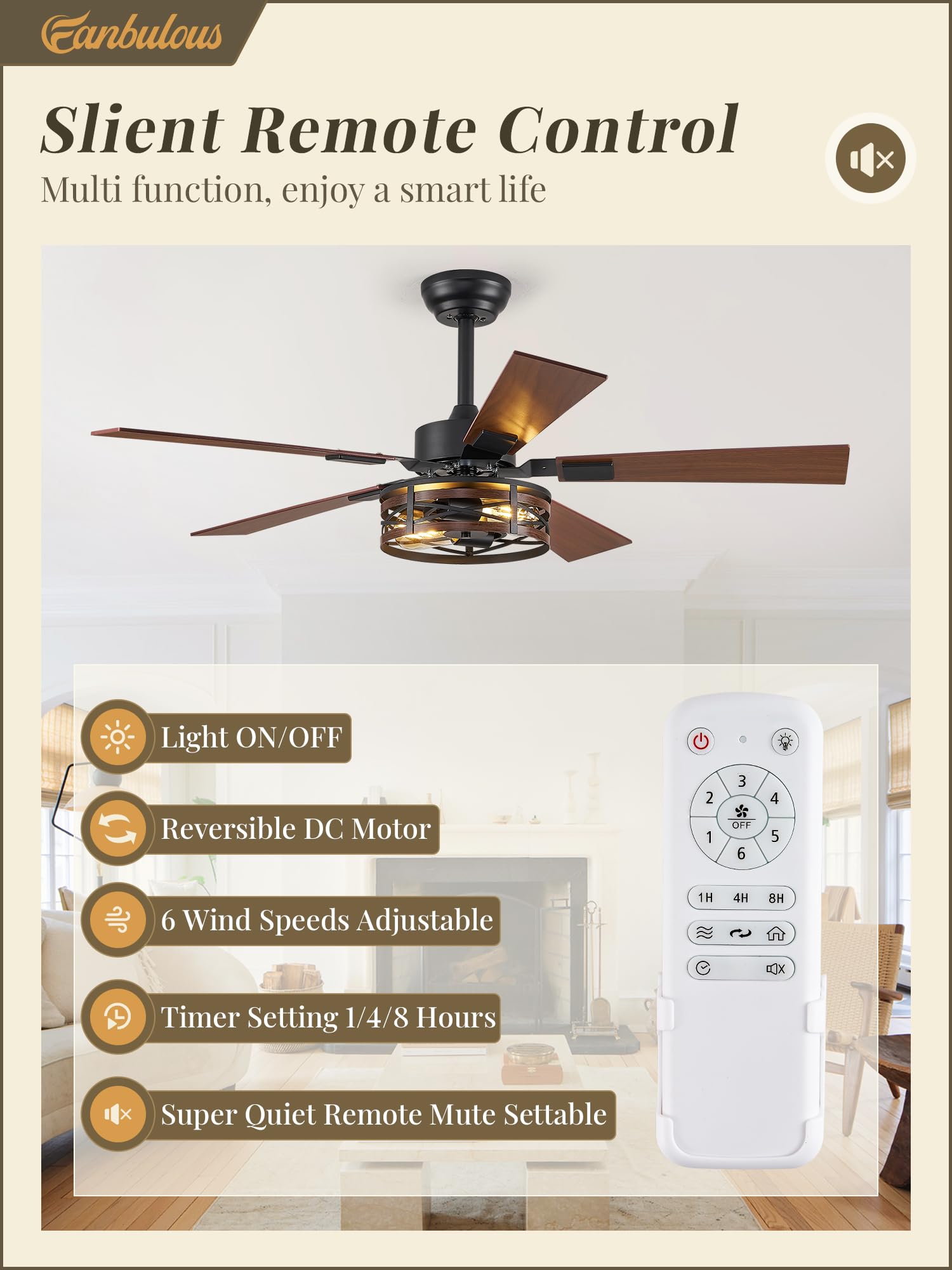 Ventilatore a Soffitto con Luce Ventilatore da Soffitto Camera da Letto 121,9 cm (48), 6 Livelli di Velocità, Motore DC Silenzioso e Reversibile, Doppia Lavorazione 5 Lame, Ventilatore da Soffitto