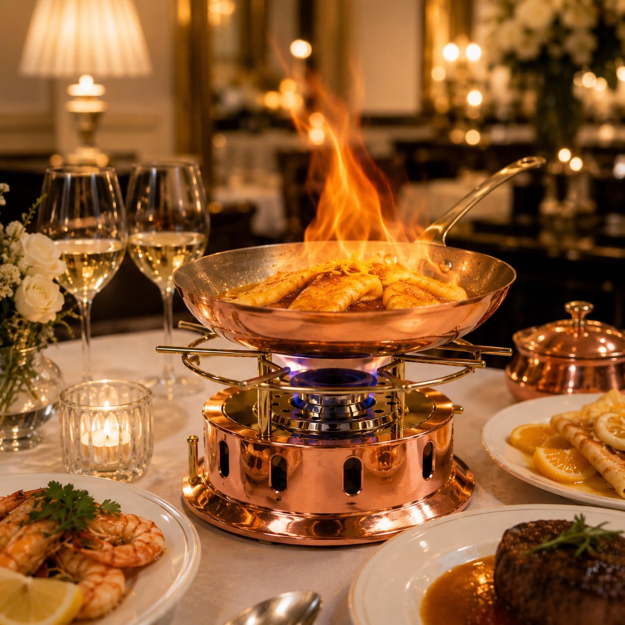 Fornello Flambé a Gel (alcol) in Rame e Ottone Bembo Made in Italy – Réchaud da Tavola Professionale per Flambé, Show Cooking, Ristorazione e Servizio al Tavolo