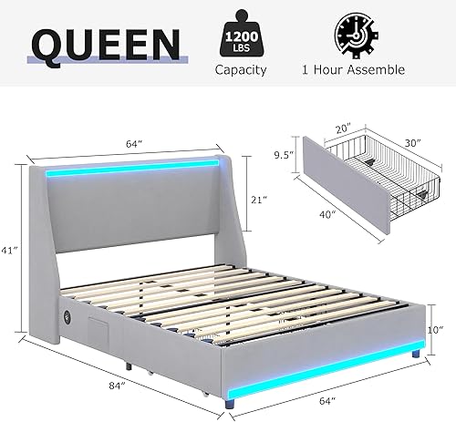 Miniatura 41 de VECELO Full Size Bed Frame with Storage Drawers, Upholstered Platform Bedframe with Wingback Headboard, No Box Spring Needed, Light Grey Gris