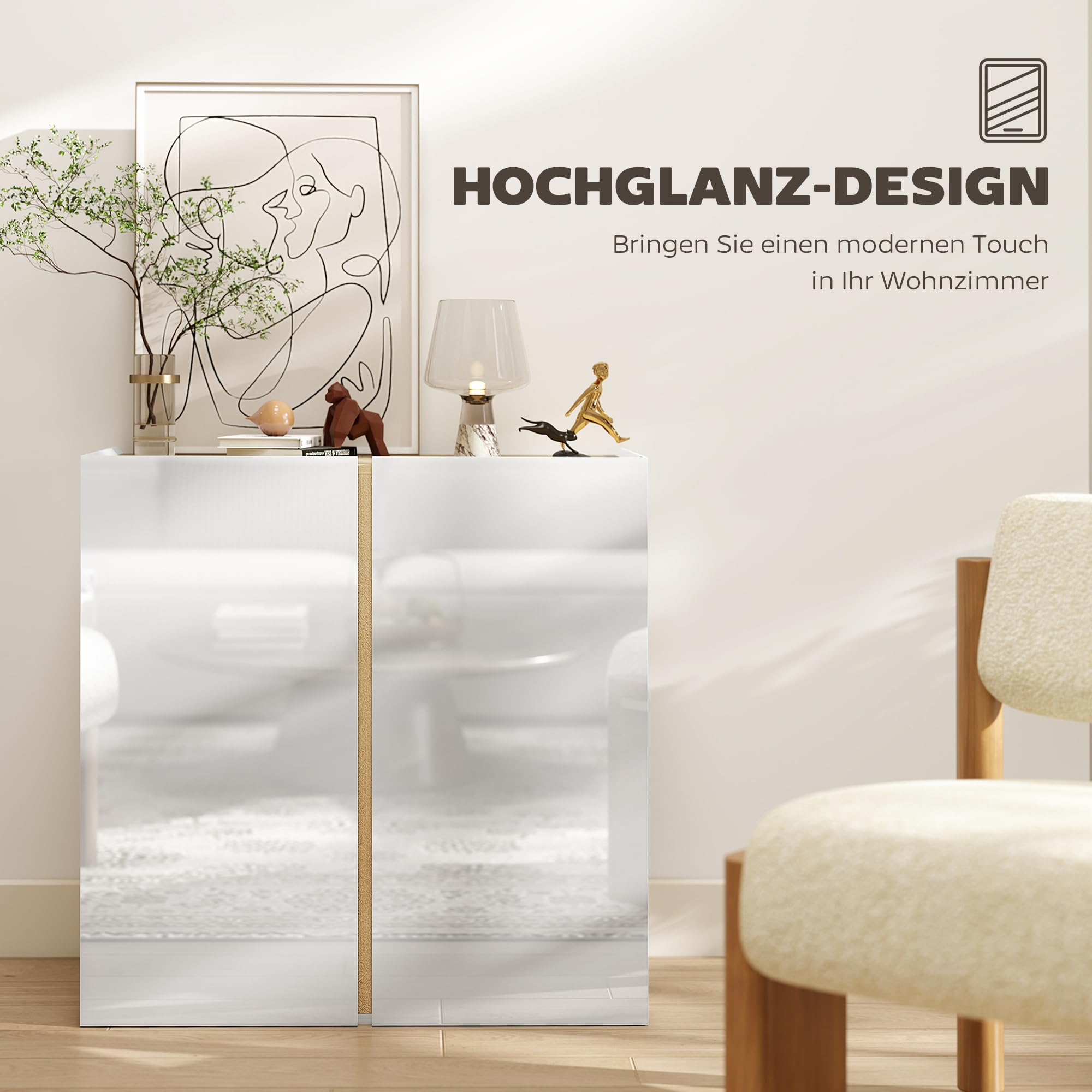 HOMCOM Sideboard Küchenschrank für Küche 80 x 40 x 80 cm Hochglanzweiß | 2 Soft-Close-Türen, Verstellbarer Einlegeboden, Moderner Aufbewahrungsschrank, Wohnzimmer