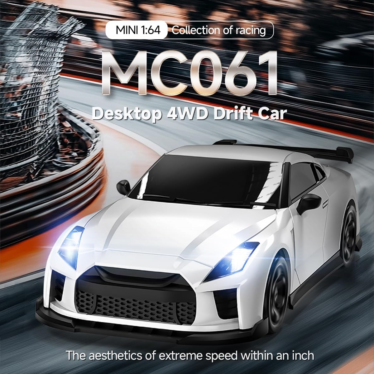 1/64 Scale RC Drift Car - 2.4GHz Half-Scale Remote Control 4WD High-Speed Mini Remote Control Car with Racing Lights (White)