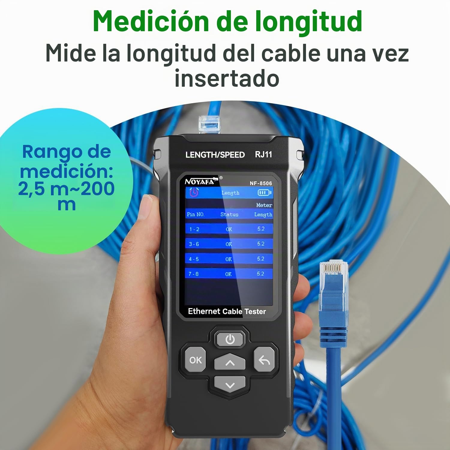 NOYAFA NF-8506 Probador de Cables de Red – Tester Ethernet con Prueba Ping, Escaneo IP y TDR, Test de Velocidad de Red, Parpadeo de Puertos, Localizador de Cables RJ45 RJ11, CAT5 CAT6