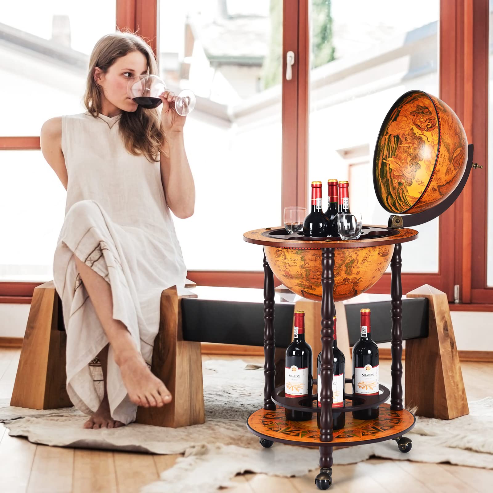 KOMFOTTEU Botellero Bar Globo Terráqueo con Ruedas, Soporte para Botellas de 2 Niveles, Carrito de Bar de Madera, Mueble Minibar para Bebidas, para Restaurante, Fiesta (Marrón, 47 x 47 x 90 cm)