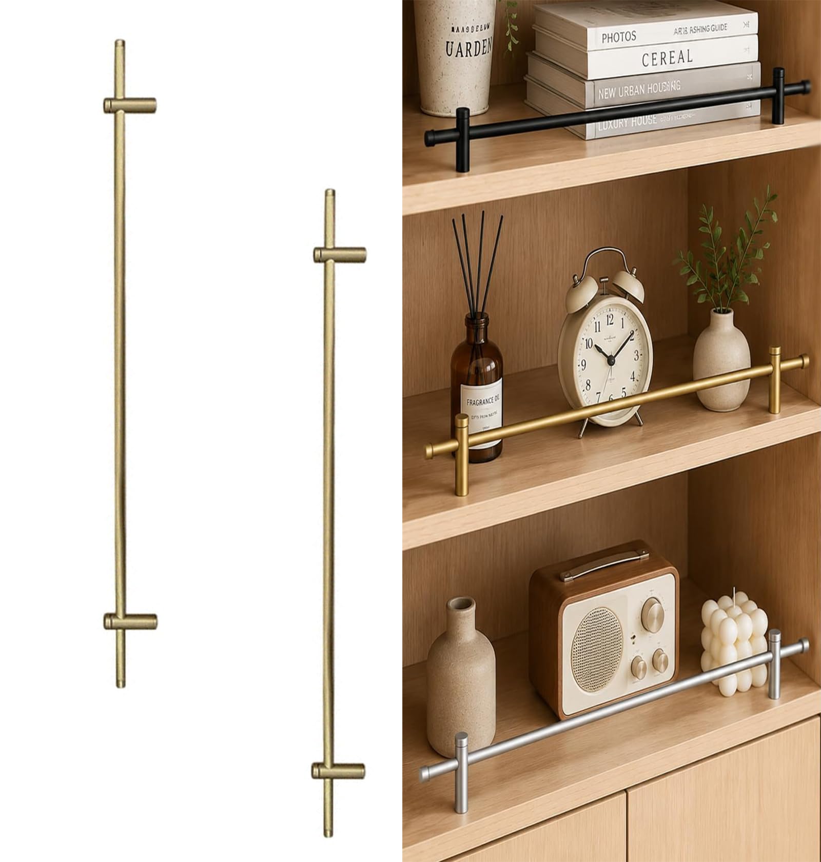 GERAZAHO 2 Pack Gold Shelf Rails for Shelves Decorative, Aluminum Tipping Gallery Rails, Metal Gallery Rails for Shelves, for Bathroom, Kitchen, Cabinet, Office Shelving Gold 32in/81cm