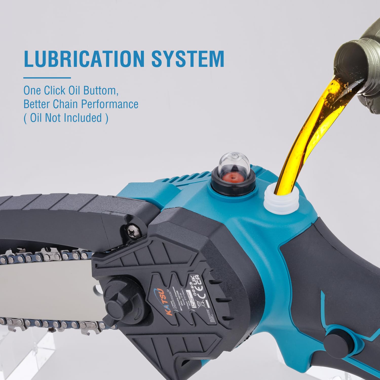 KATSU FIT-BAT Motosierra Batería Brushless 21V 6 Pulgadas sin Escobillas con Cadena Adicional y Bomba de Aceite Manual, para Cortar Ramas de árboles Madera, sin Batería