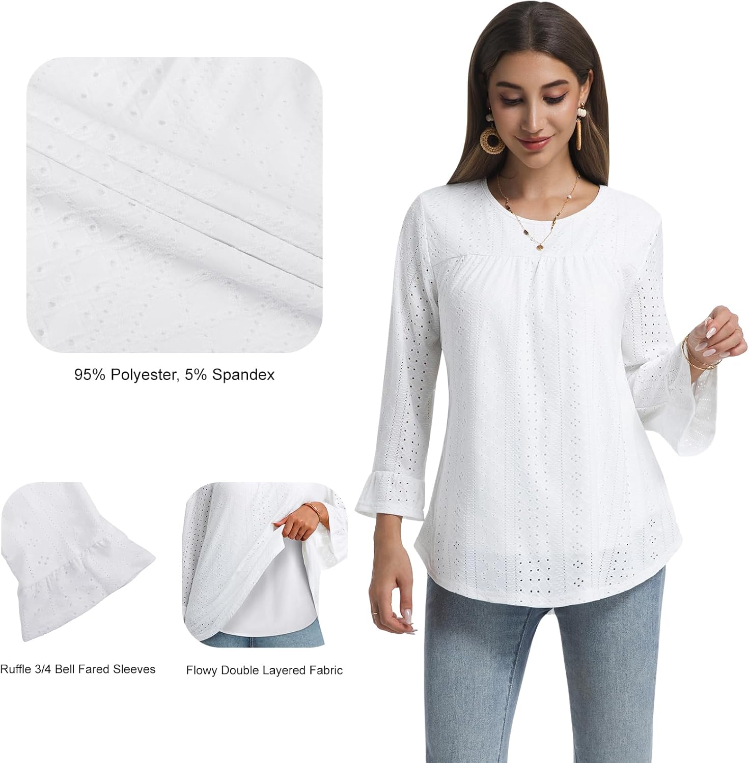 Women Boho Double Layered Crewneck Tunic Eyelet Tops Loose Fit Dressy Cute 3/4 Sleeve Casual Blouses Shirts 2026 - Image 4