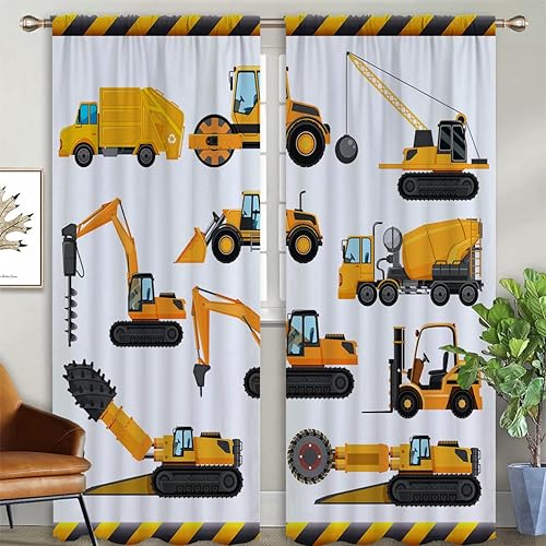 Miniatura 9 de Cortinas opacas de construcción para niños y niñas, decoración de oscurecimiento de habitación, bulldozer de dibujos animados amarillos, tractor,