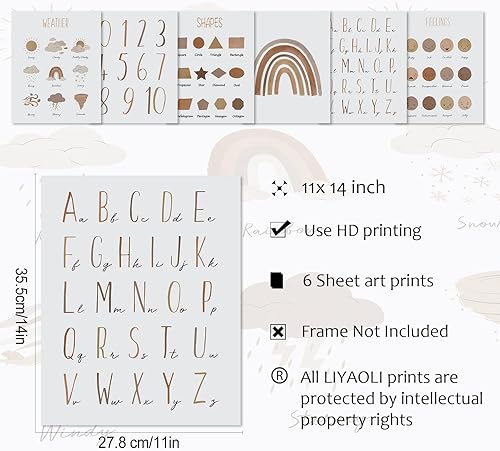 Miniatura 10 de LIYAOLI Póster del alfabeto Abc para niños pequeños, impresión artística de pared bohemia de 8 x 10 pulgadas, juego de 6 pósteres de arcoíris sin