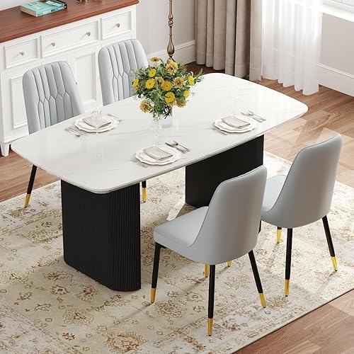 Miniatura 32 de Ebullient Juego de mesa de comedor blanca de 67'' para 6, juego de sillas de mesa de cocina con elegante base de pedestal ondulado, juego moderno