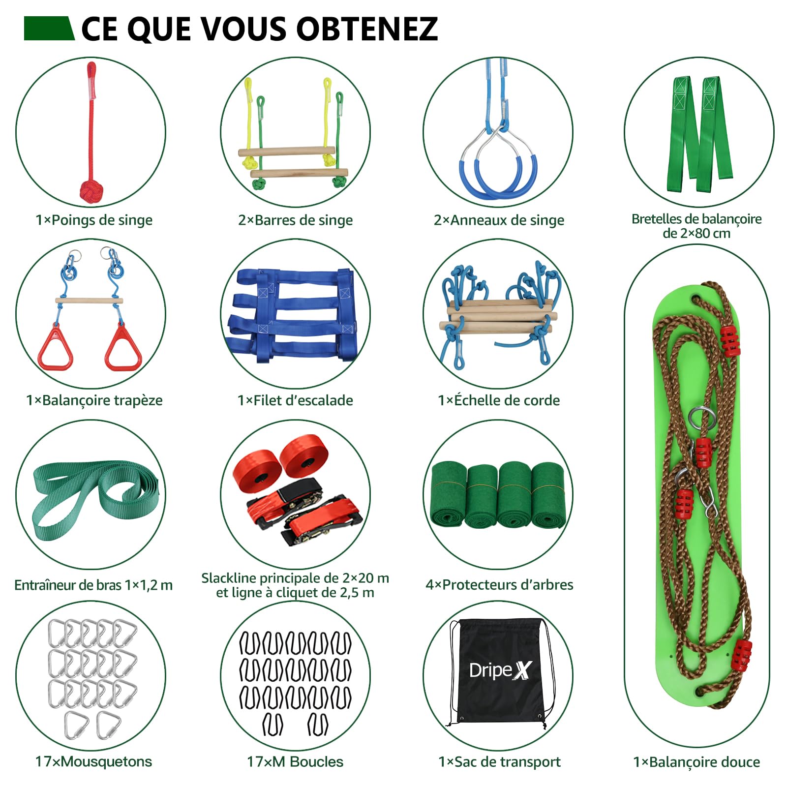 Dripex Slackline Enfant, Slackline 2×20m et Parcours Ninja Enfant Exterieur, Tyrolienne et Parcours Exterieur avec balançoire, échelle d’Escalade, Filet d’Escalade, Adapté aux débutants