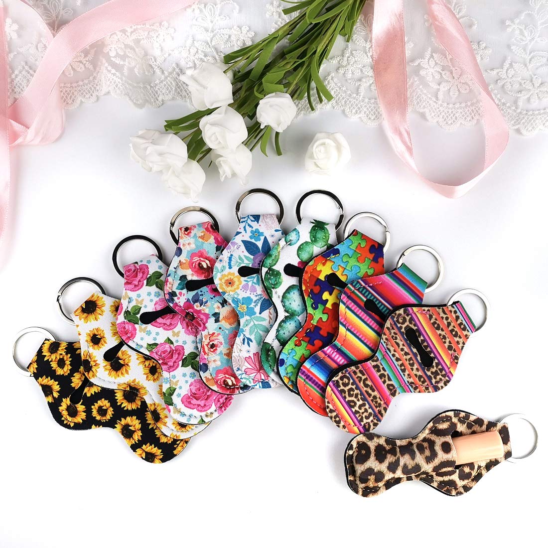 10 pcs Chapstick Holder Keychains with 10 pcs Neoprene Wristlet Keychain Lanyards, Vibrant Colors, Lightweight Lip Balm Keychain Holder, Chapstick Keyring Holder Portable Lipstick Holder Keychains