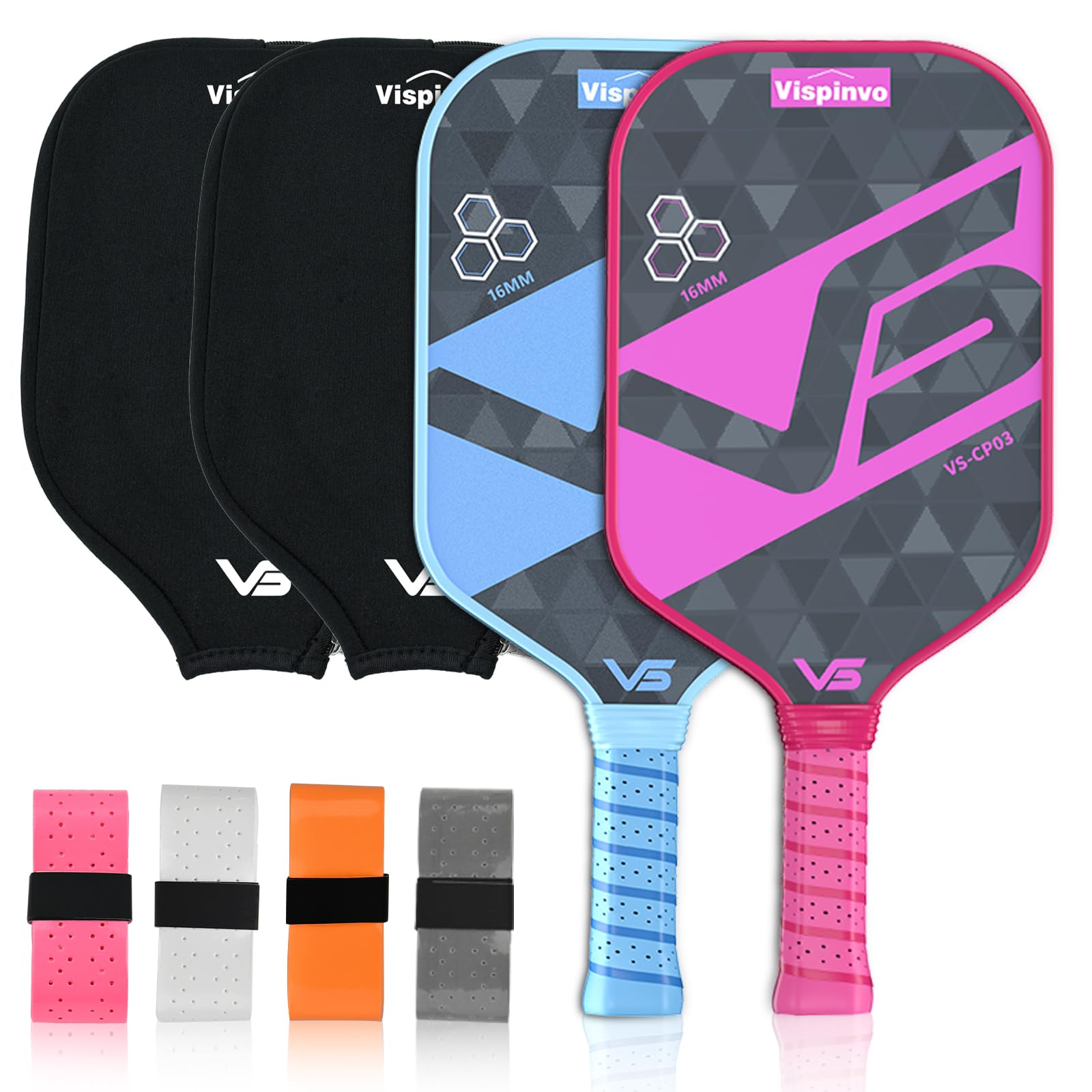 Vispinvo Pickleball Paddles Set of 2, Fiberglass Pickle Ball Paddles with 4 Grip Straps + 2 Paddle Covers, Durable &Lightweight Racket for Beginners,