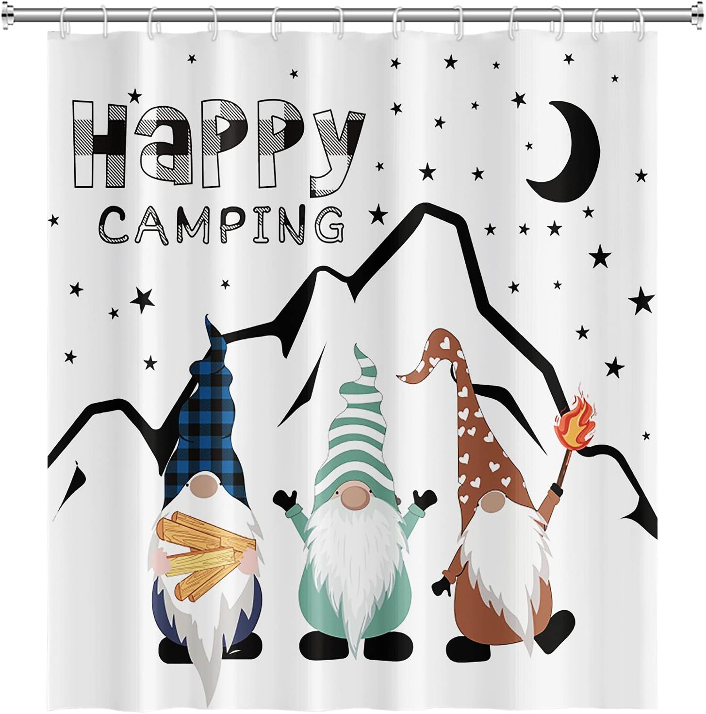 Yeele Cute Gnome Shower Curtain Black Night Shining Stars Mountain Shower Curtain Happy Camper Holiday Vacation Light a Fire Bathroom Curtain with 12Hooks,72x78in