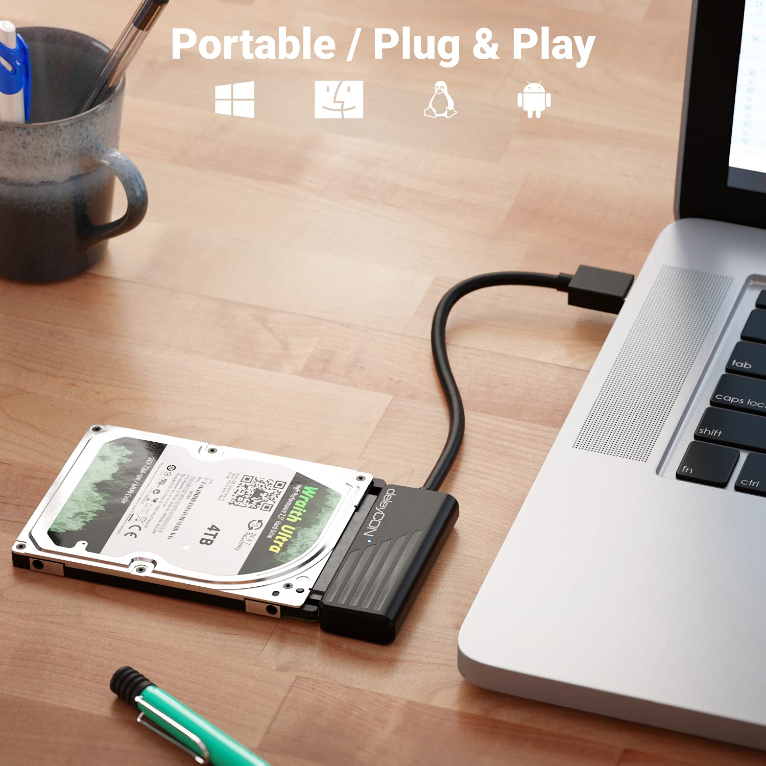 deleyCON USB 3.0 Adapter Kablowy SATA USB A do 2,5-Calowych Dysków Twardych HDD SSD 5 Gbit/s UASP SATA I II III Plug&Play