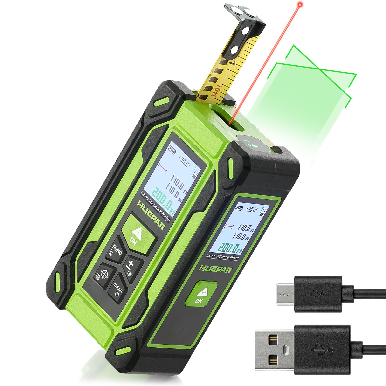 Huepar TLM60 Medidor Láser 4 en 1 con Cinta Métrica Digital y Nivel Láser Verde, Distancia hasta 60m, 9 Modos de Medición, Pantalla Doble LCD, Memoria 100 Datos, Alta Precisión para Construcción y DIY Global Recycled Standard Global Recycled Standard Global Recycled Standard