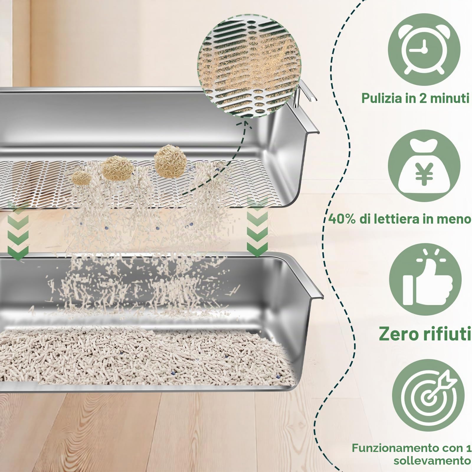 Lettiera setacciata in acciaio inossidabile per lettiera di argilla agglomerante, grande lettiera in metallo con manici, facile da pulire, 45 cm di lunghezza x 35 cm di larghezza x 15 cm di