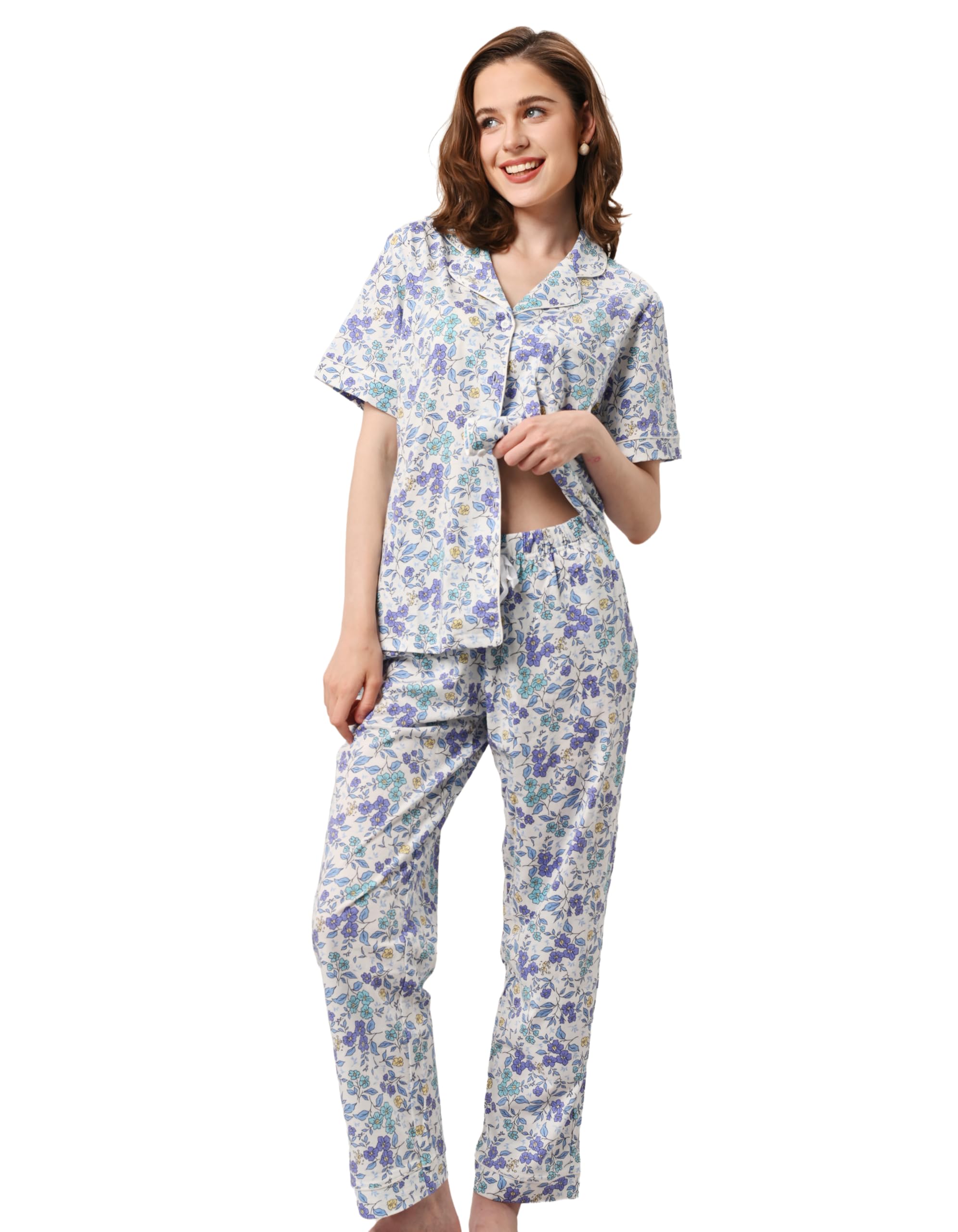 NAP BOUND 100% Cotton Women's Pajama Sets Short Sleeve Button Down Soft Pjs 2 Piece Lounge Set with Pocket Nightwear XS-XXL