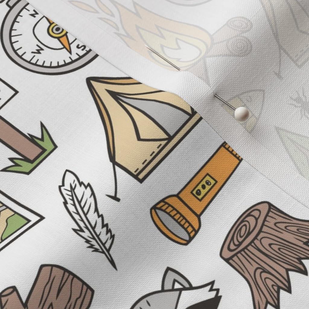Spoonflower Fabric - Outdoors Camping Woodland Doodle Campfire Mountains Trees Logs White Printed on Petal Signature Cotton Fabric by The Yard - Sewing Quilting Apparel Crafts Decor