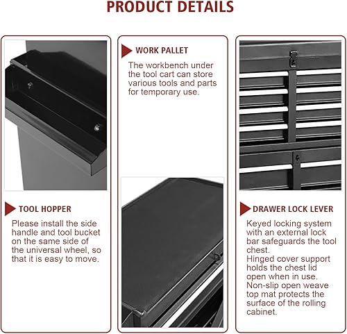 Miniatura 5 de Cofre de herramientas con ruedas de 5 cajones, caja de herramientas con sistema de bloqueo y gabinete de almacenamiento de herramientas de metal de