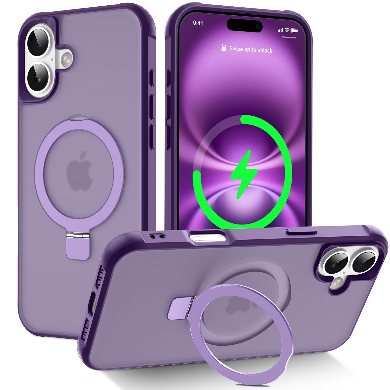 CHAOFEnG Magnetic Compatible with iPhone 16 Case with Stand [Military Grade Drop Tested][Compatible with Magnet] Ring Translucent Slim Hard Back Soft