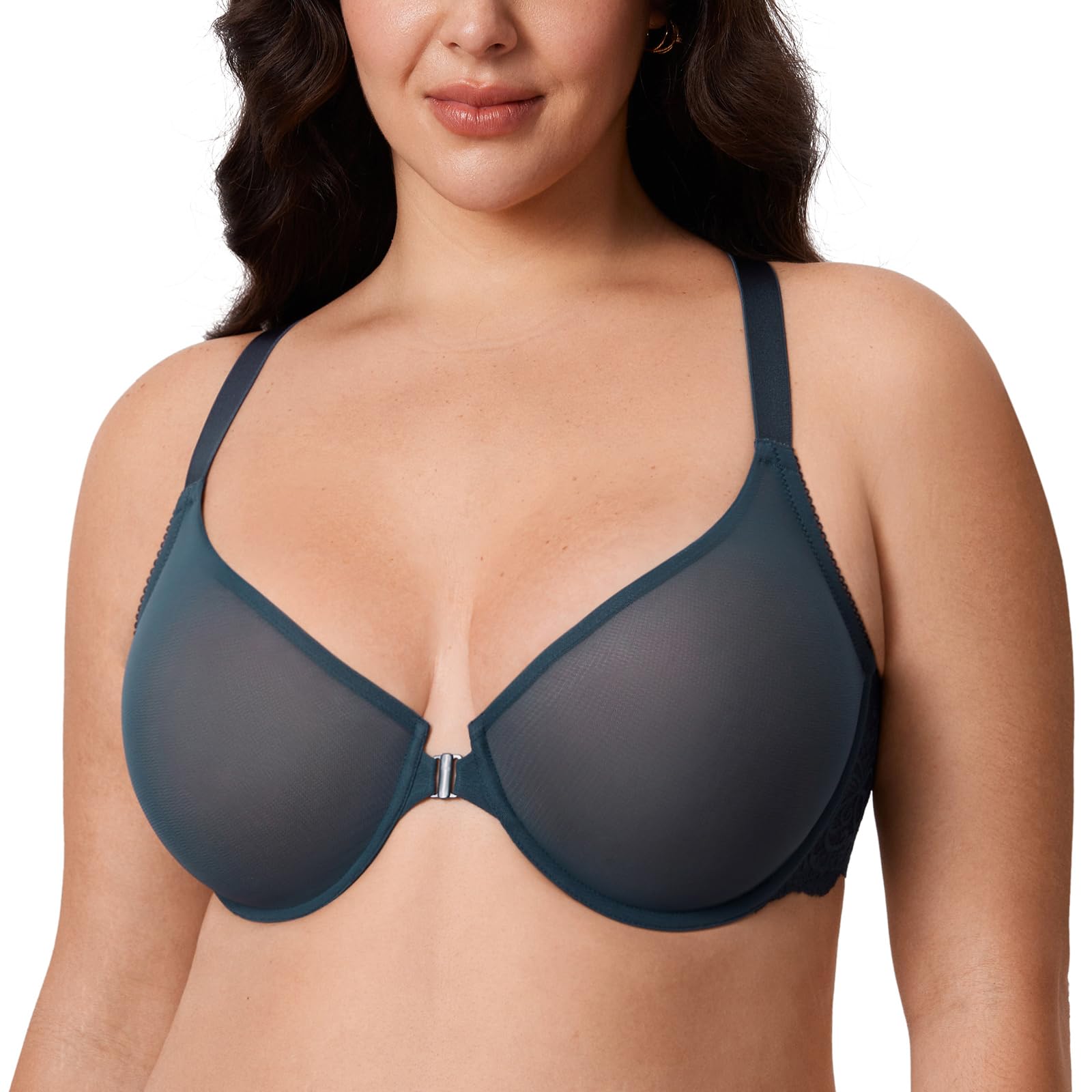 Delimira Women's Front Fastening Bras Sheer Mesh Racerback Plus Size Full Coverage Unlined Underwired Bra Sargasso 38DD