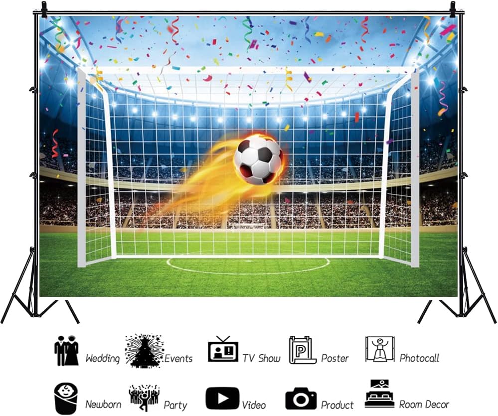 Renaiss 7x5ft Soccer Backdrop for Photography Gold Flame Soccer Green Grass Colorful Ribbon Stadium Football Filed Spotlight Lights Background Boys Kids Sports Theme Party Decor Wallpaper Banner - Image 4