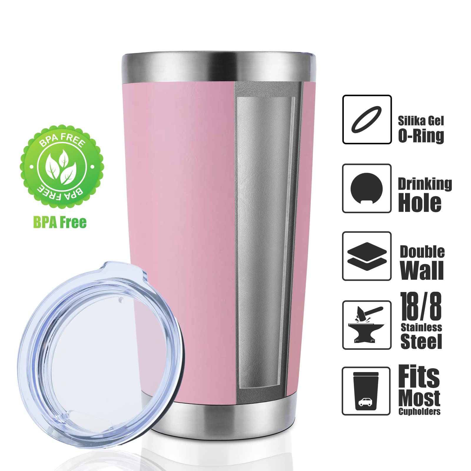 DOMICARE Vaso de acero inoxidable con tapa, doble pared aislada al vacío taza de viaje, taza de café con recubrimiento en polvo
