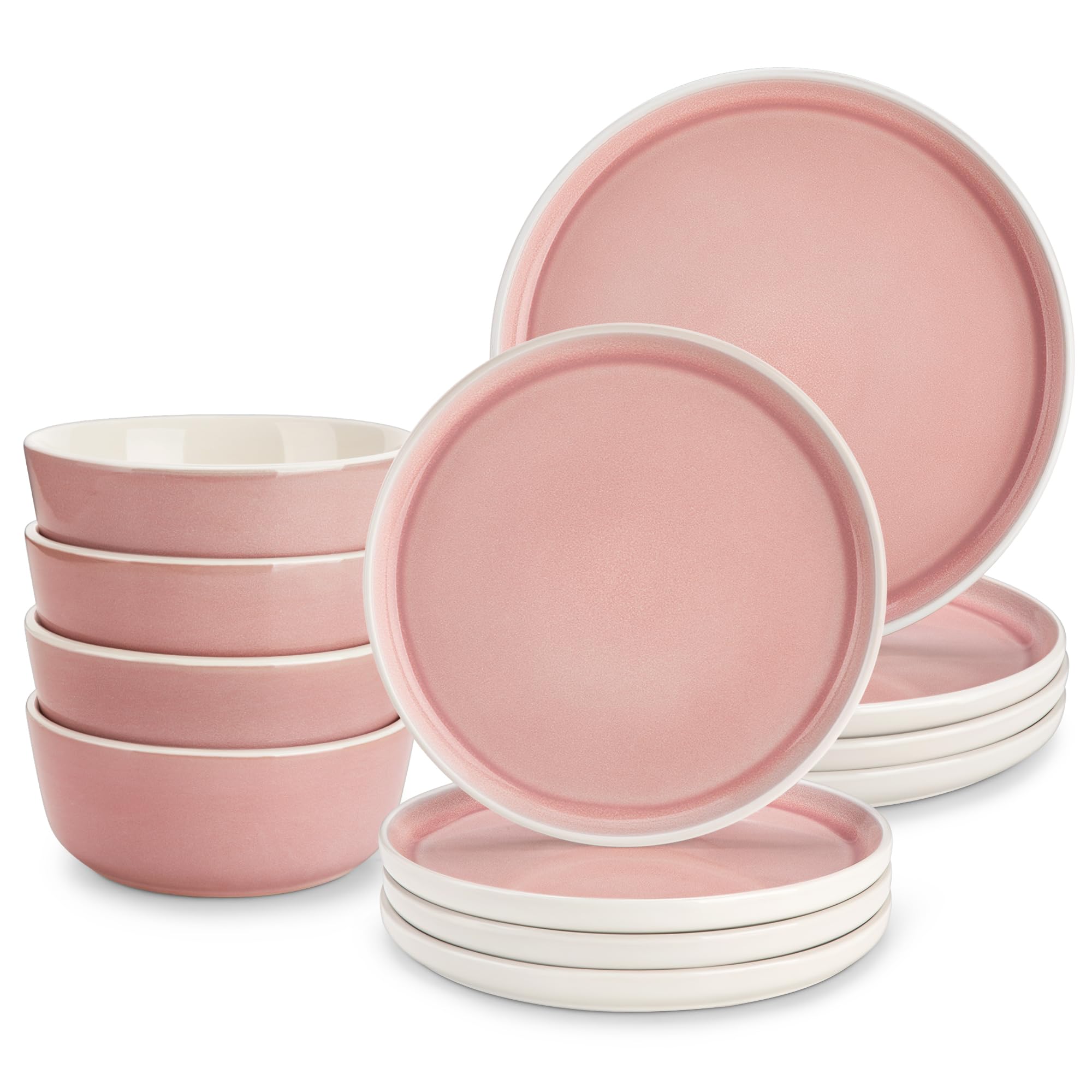 vancasso ELBA 12 Piece Dinner Set for 4, Durable Stoneware Plates and Bowls for Everyday Meals, Pink Reactive Glaze Set with Dinner Plates, Dessert Plates & Cereal Bowls, Microwave & Dishwasher Safe
