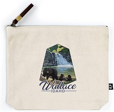 Lantern Press Wallace, Idaho, Black Bear Family and Waterfall, Contour (100% Cotton Canvas Travel Accessory Go Bag)