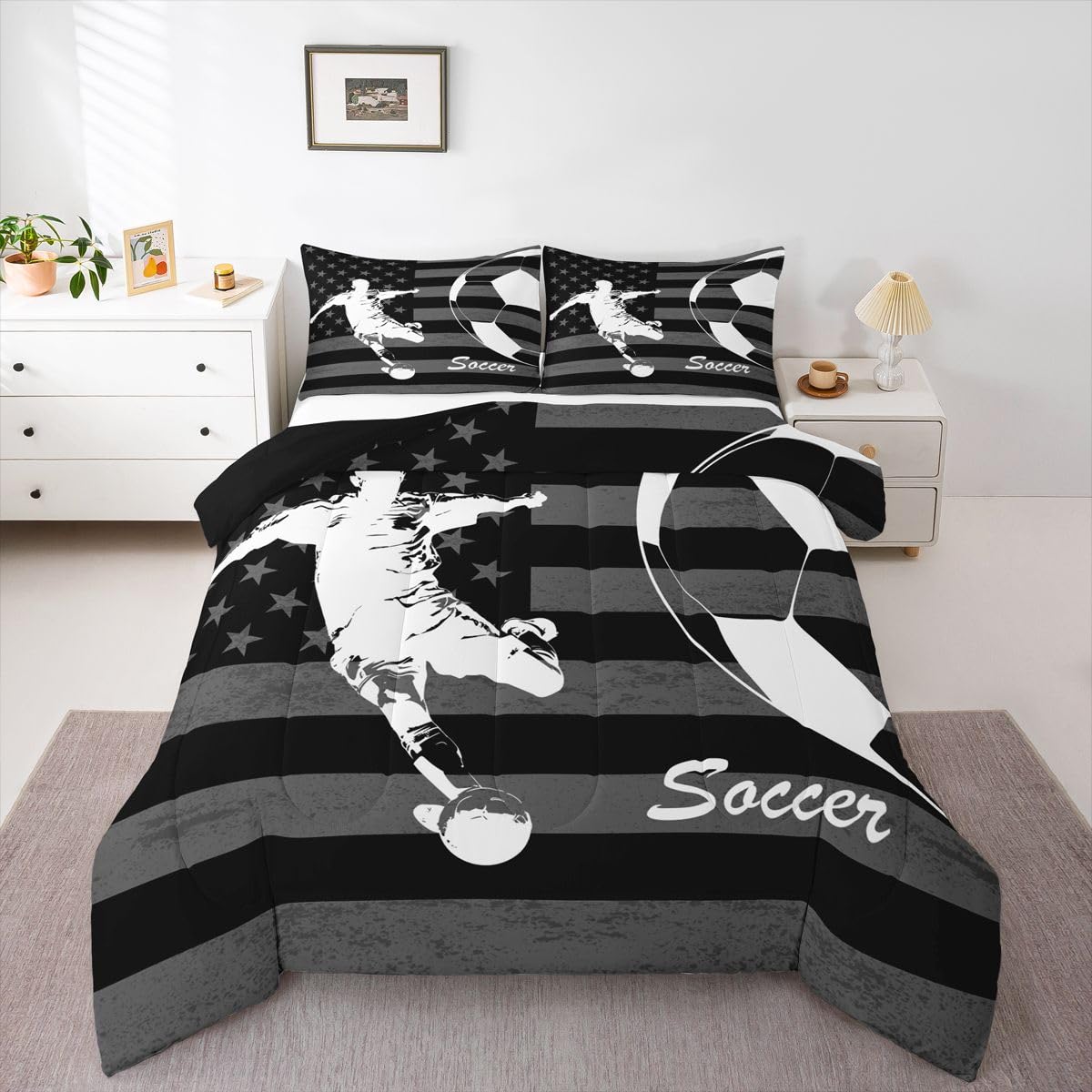 Feelyou Soccer Comforter Set Queen Size Football Gaming Sports Bedding Set for Kids Boys Girls American Flag Duvet Quilt Bedroom Decor Microfiber 3 Pcs with 2 Pillow Cases