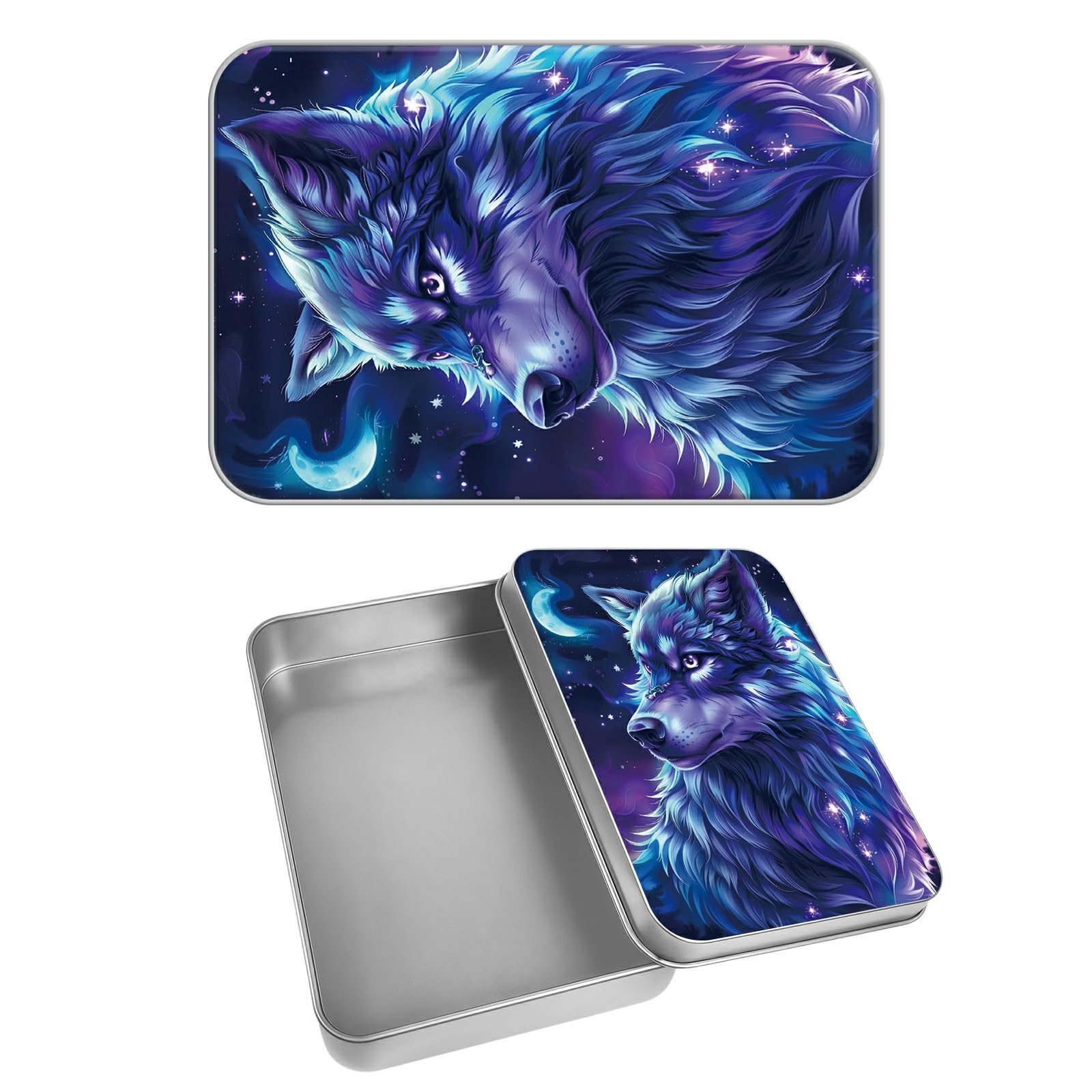 Rectangular Metal Tin Box with Removable Lid, Star Wolf Decorative Printed Metal Storage Container for Cards, Diaries, Home Organization 4.53 x 3.35 x 0.86 inch– Single Pack