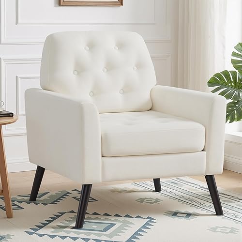 Miniatura 17 de Silla decorativa para sala de estar, silla de lectura moderna de mediados de siglo, sillón tapizado con respaldo copetudo y patas de madera, sofá PU