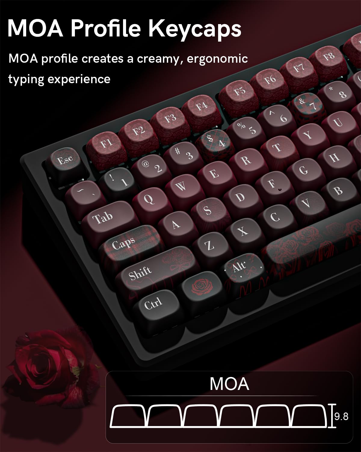 Womier キーキャップ 赤いバラ MOAプロファイル PBT キーキャップセット 131キー | 染料昇華印刷, 60%/65%/75%対応, TKL・フルサイズ対応, メカニカルキーボード用, カスタムデザイン